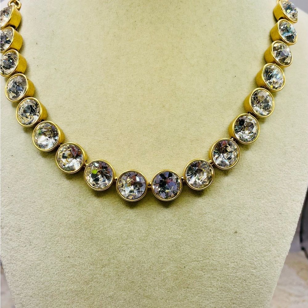J. Crew Gold Tone Necklace with Bezel Round Clear Rhinestone Accents. 17 inches